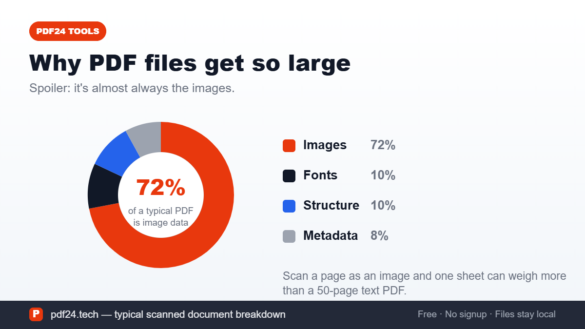 Donut chart showing that images make up about 72 percent of a typical PDF file size