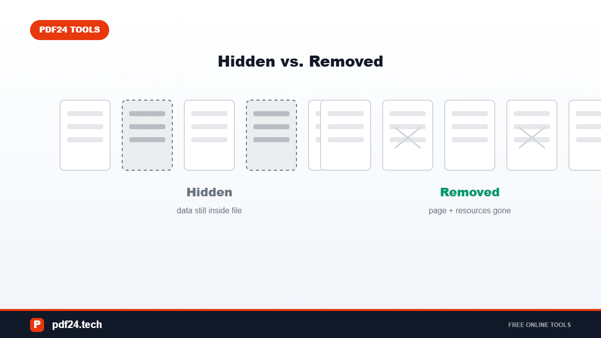 Hidden pages still hold data as dashed ghosts while removed pages are crossed out