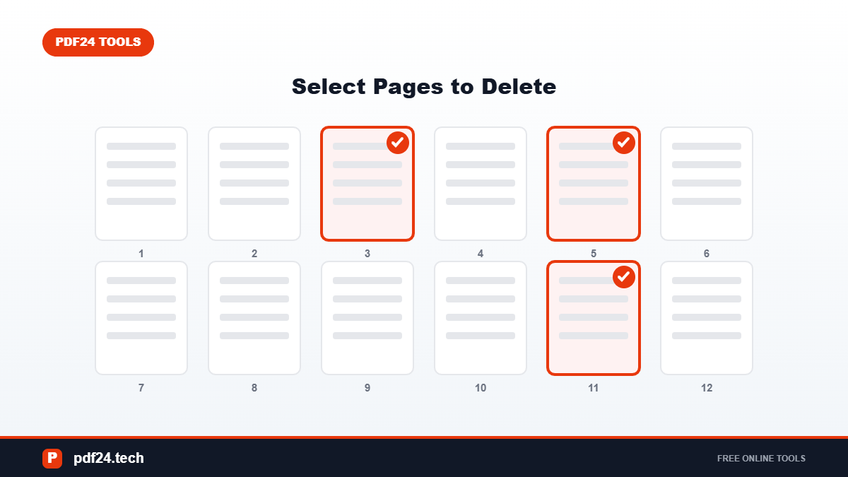 Thumbnail grid with pages 3, 5 and 11 marked for deletion