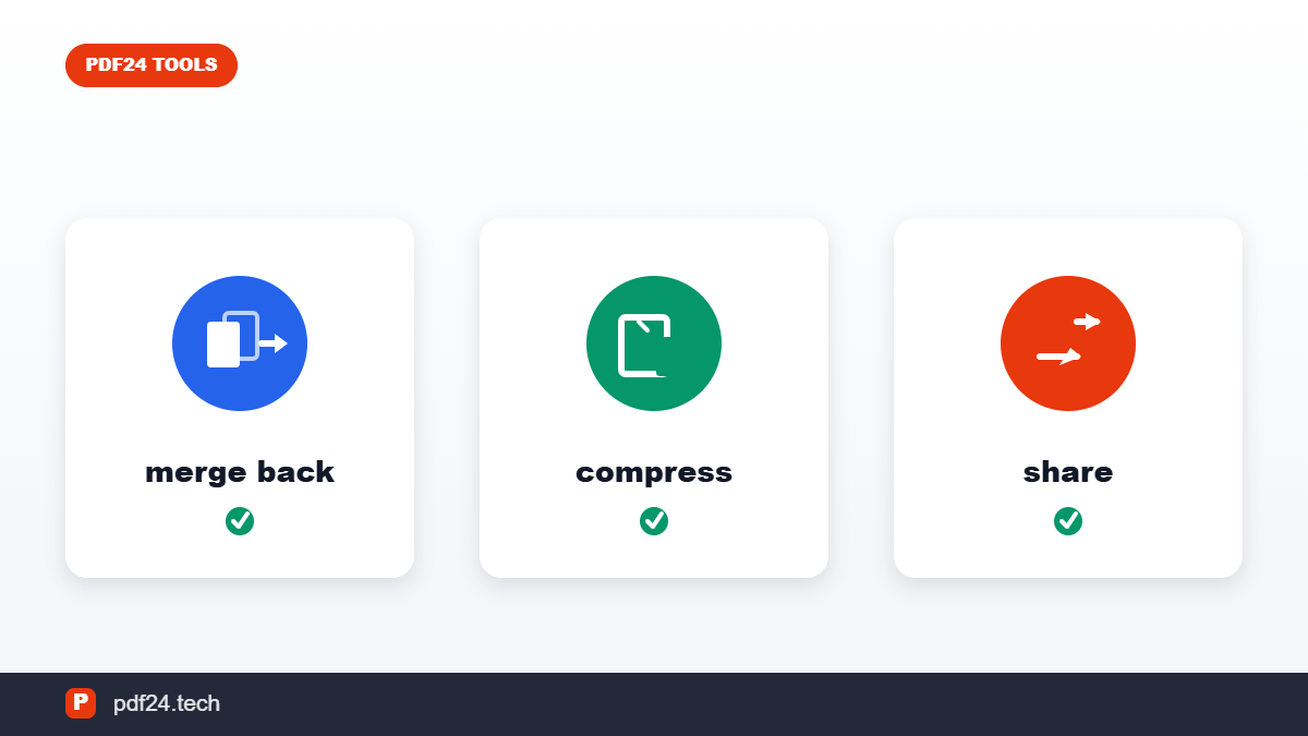 Three icon tiles for next steps after splitting: merge the pieces back, compress them, or share them