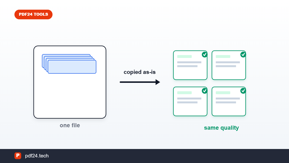 Diagram showing one PDF container copied into separate pages with identical quality, marked with green checks