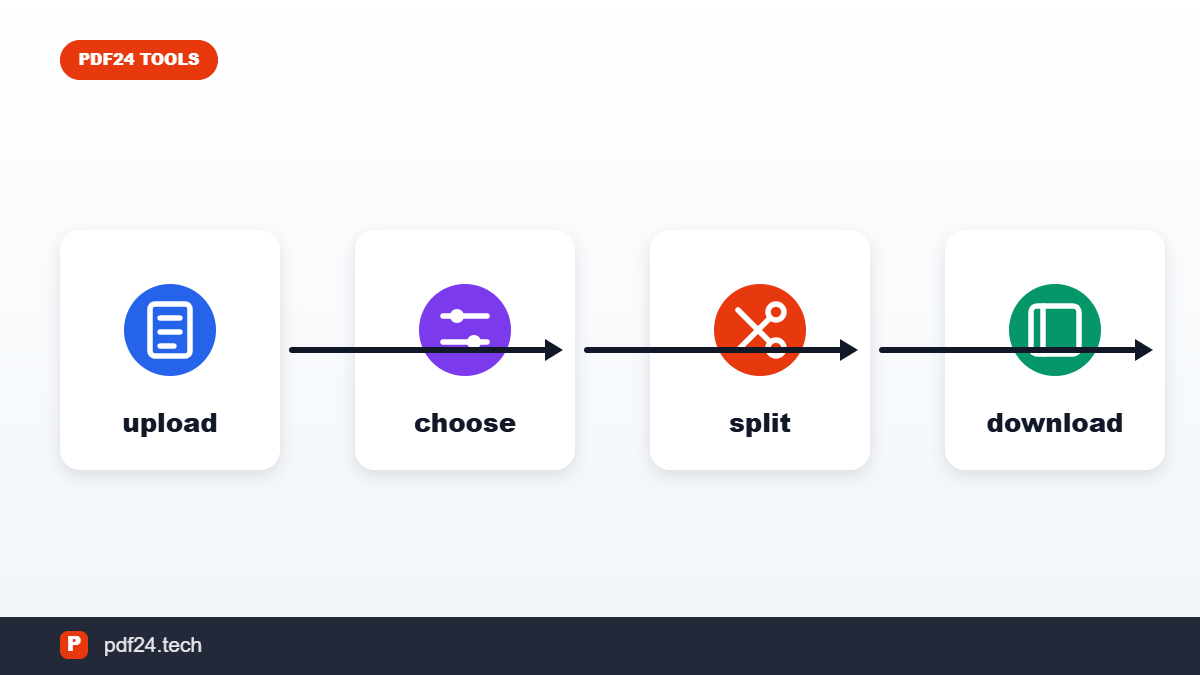 Four-step flow: upload the PDF, choose the split mode, split it, download the files as a ZIP