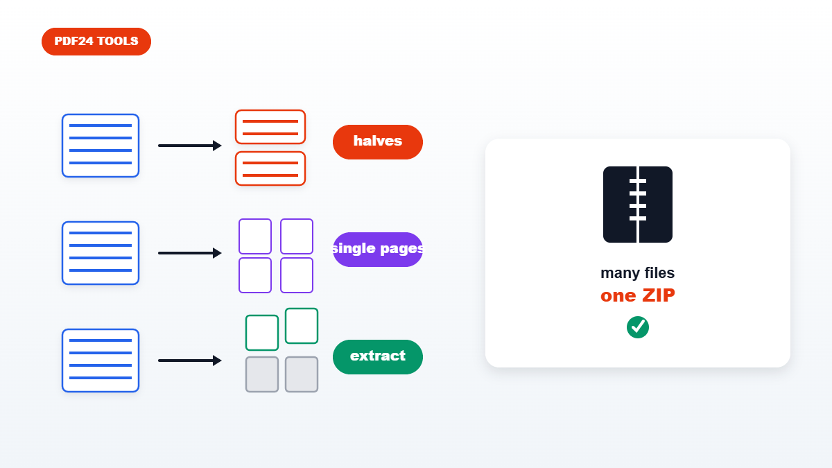 Diagram showing three kinds of PDF splitting: halves, single pages, and extracting a section, with a ZIP download for many files