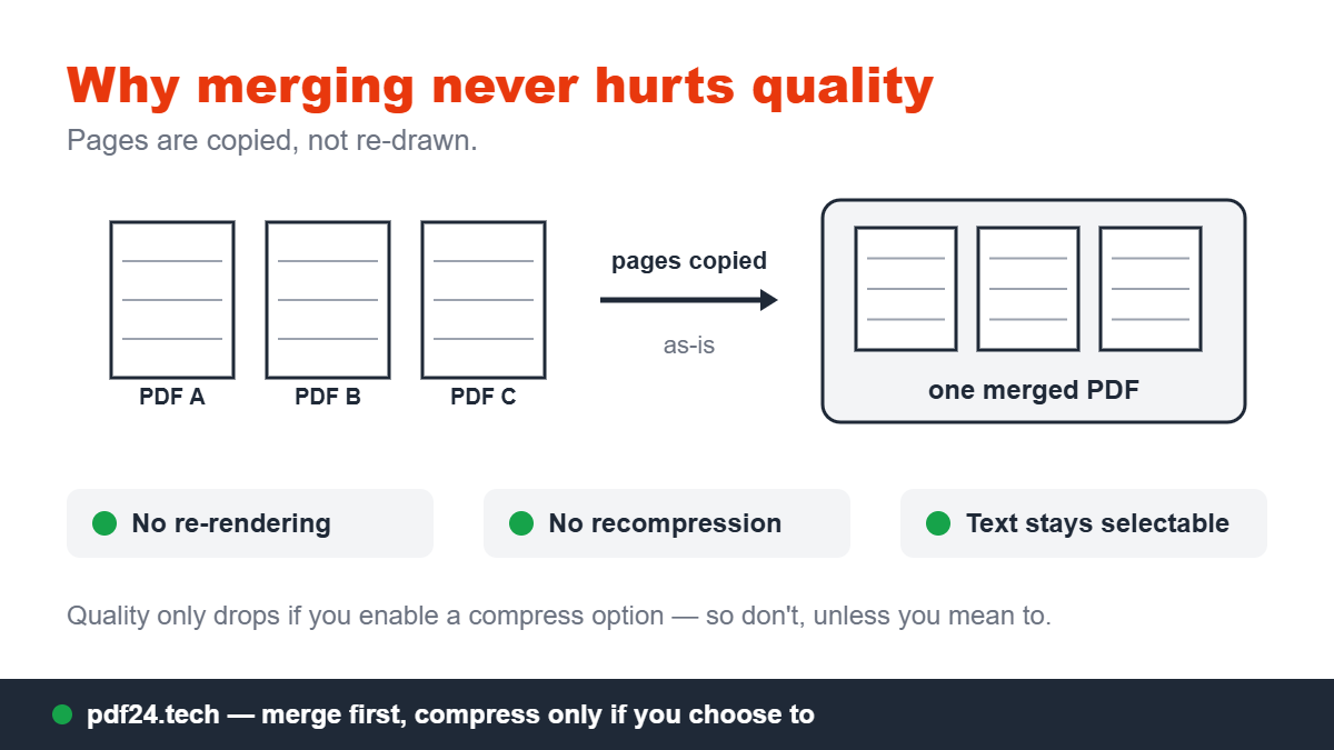Diagram showing PDF pages being copied as-is into one merged document without re-rendering or recompression
